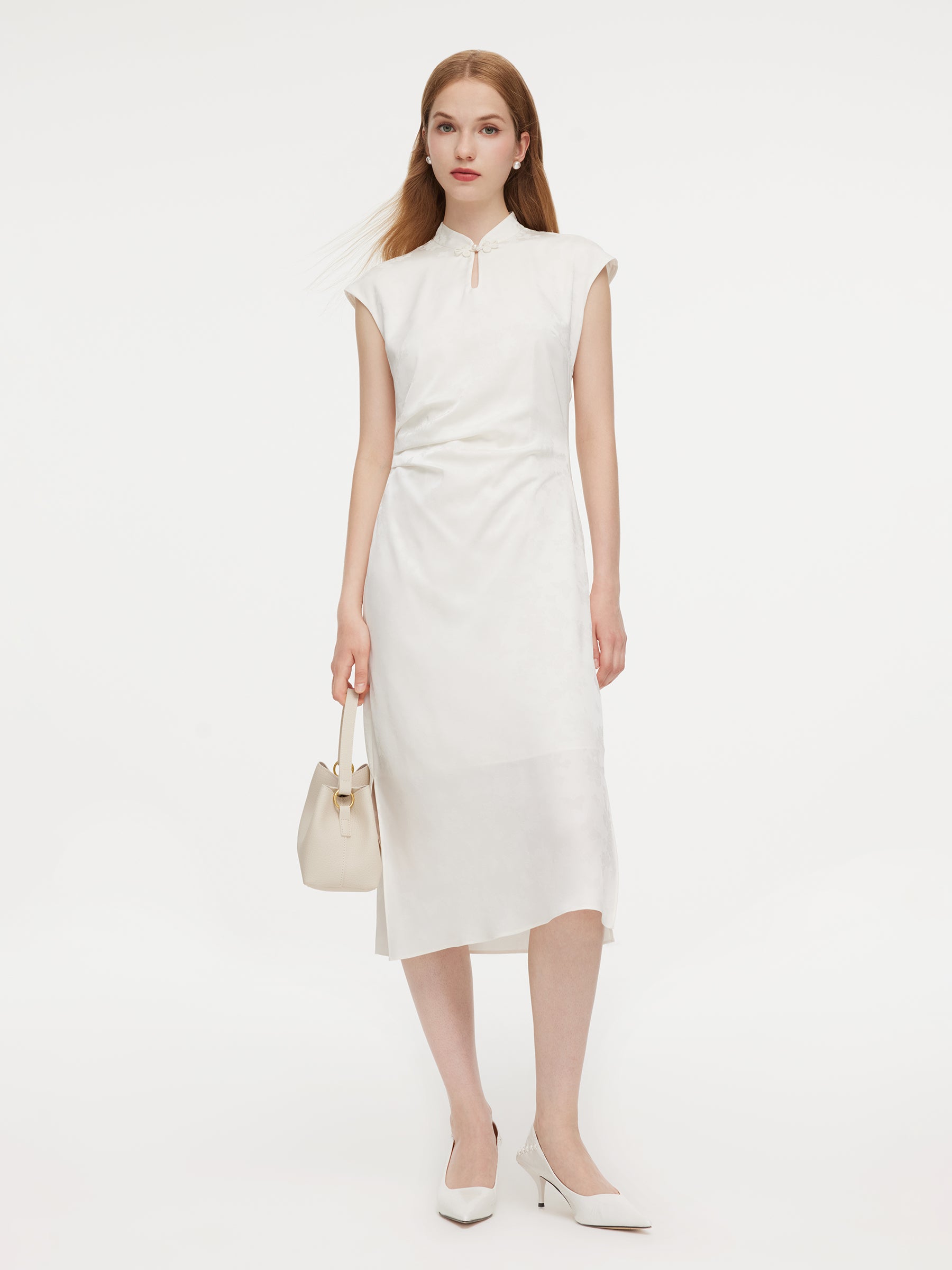 Jacquard Ruched Waist Women Qipao Maxi Dress GOELIA