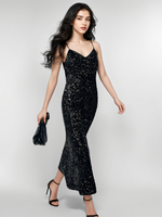 Velvet Sequins Women Strap Midi Dress GOELIA