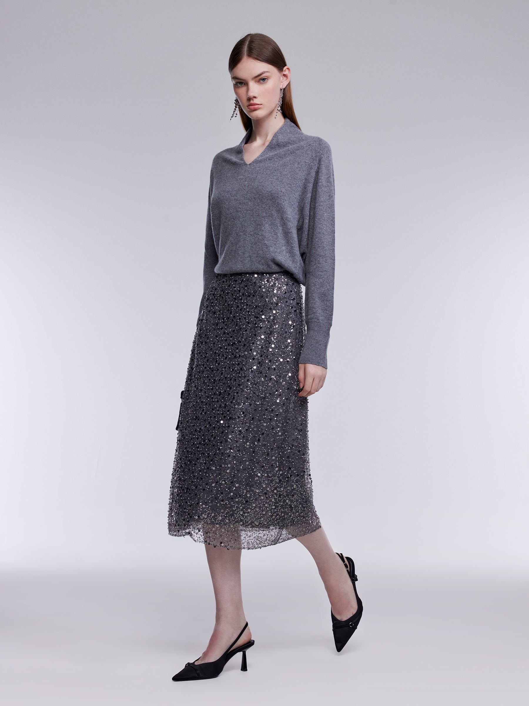 Sequin Overlay Women Column Midi Skirt GOELIA