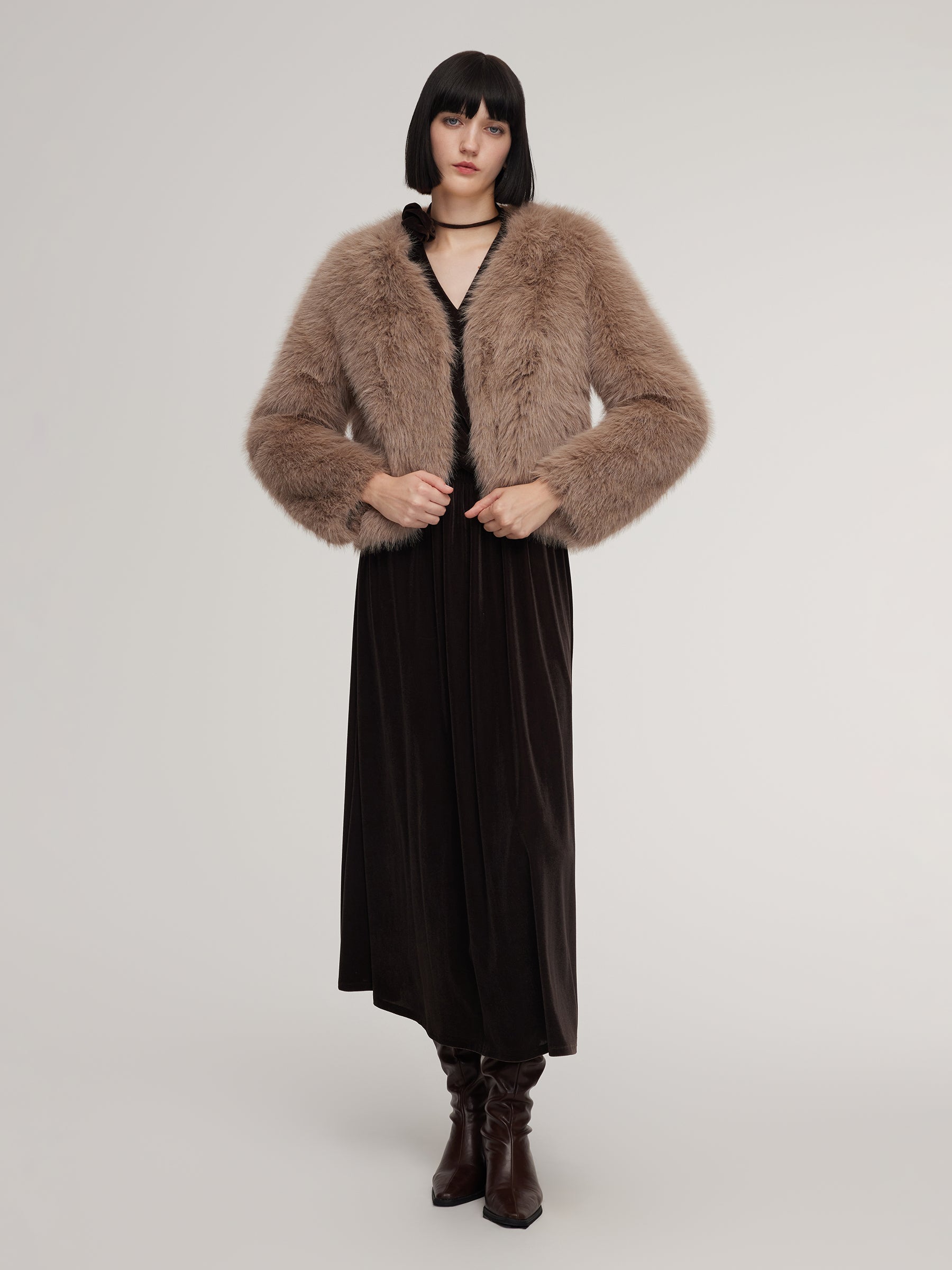 Velvet Twist Front Knit Top And Skirt Two-Piece Set With Floral Ribbon GOELIA