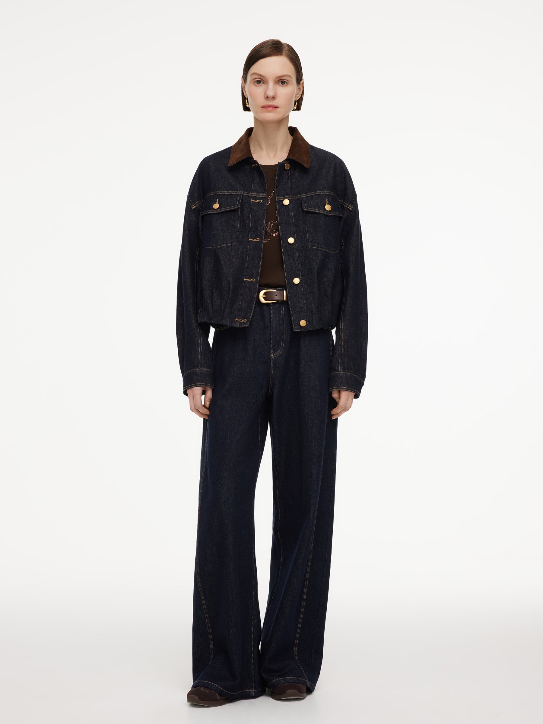 100% Cotton Denim Corduroy Collar Women Barn Jacket GOELIA