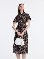 Mulberry Silk Slit Rose Printed Women Qipao Midi Dress GOELIA