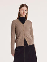 Camel Pure Cashmere V-Neck Cable Knit Cardigan GOELIA