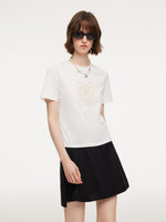 Cotton Blend Round Neck Tape Embroidered Women T-Shirt GOELIA
