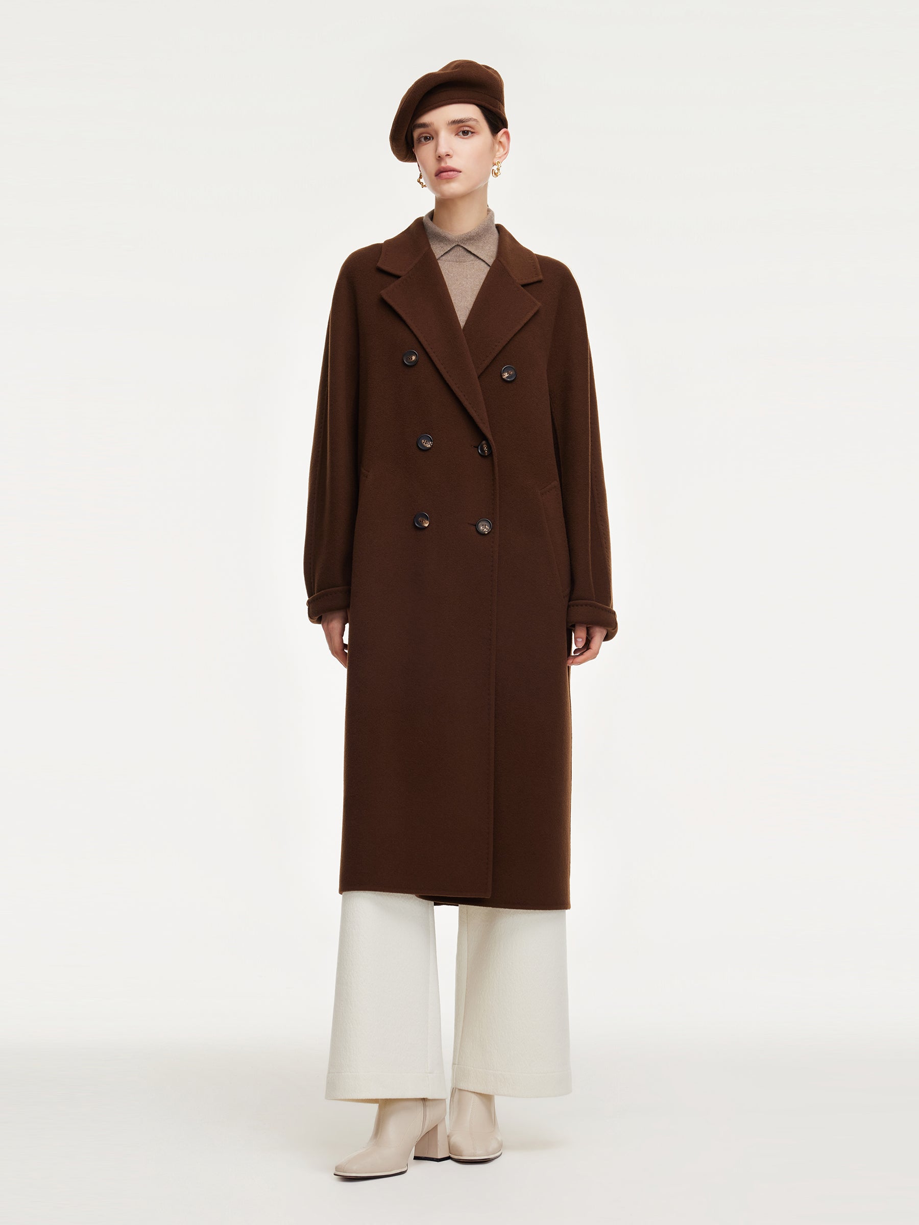 [Preview] Cashmere Wool Blend Unisex Self-Tie Belt Overcoat With Beret GOELIA