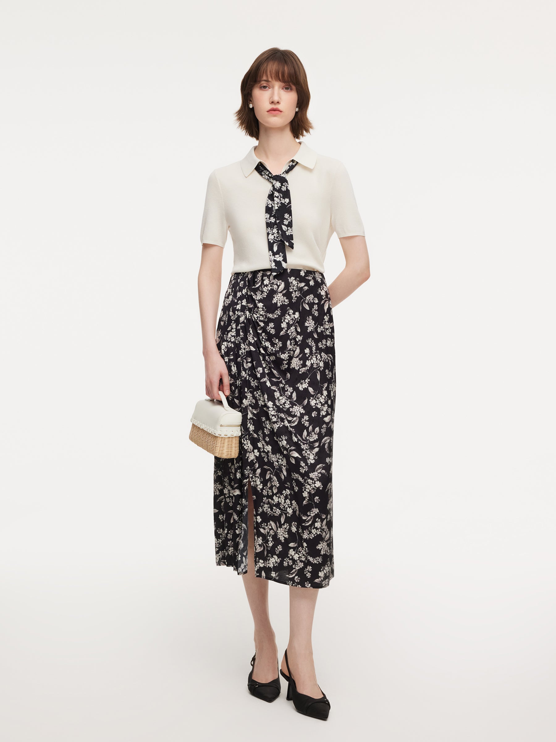 Tencel Blend Women Knit Top With Floral Print Scarf GOELIA