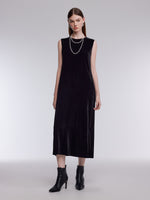 Mulberry Silk Blend Velvet Women Sleeveless Maxi Dress With Belt GOELIA