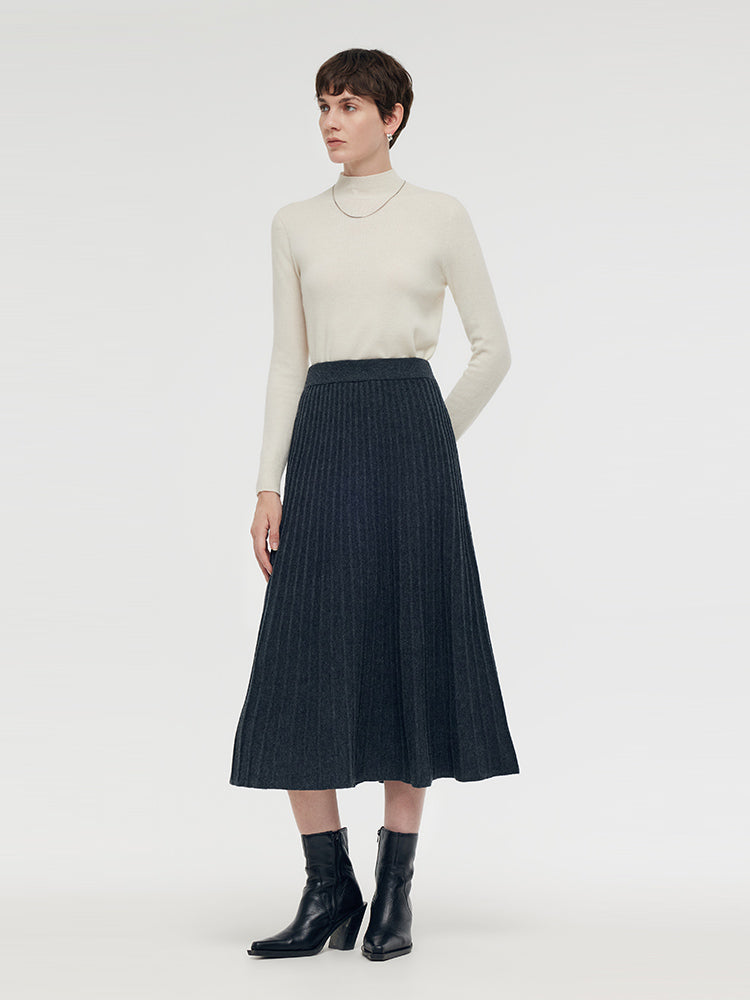 100% Wool A-Line Pleated Women Midi Skirt GOELIA