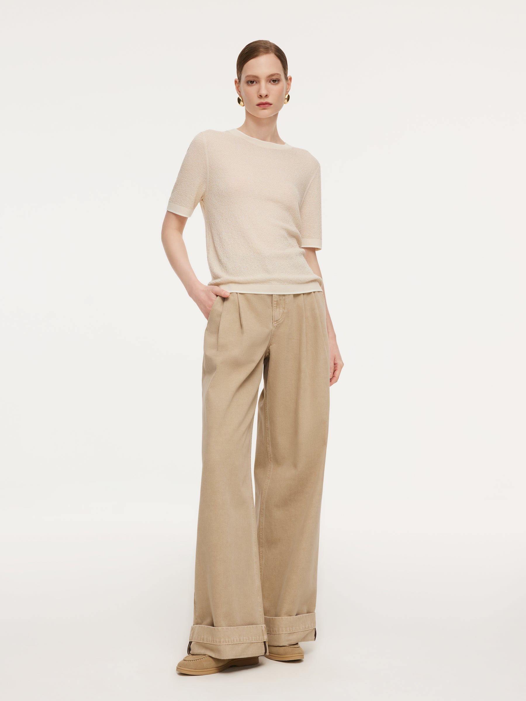 Triacetate Tencel Blend Contrast Trim Women Knit Top GOELIA