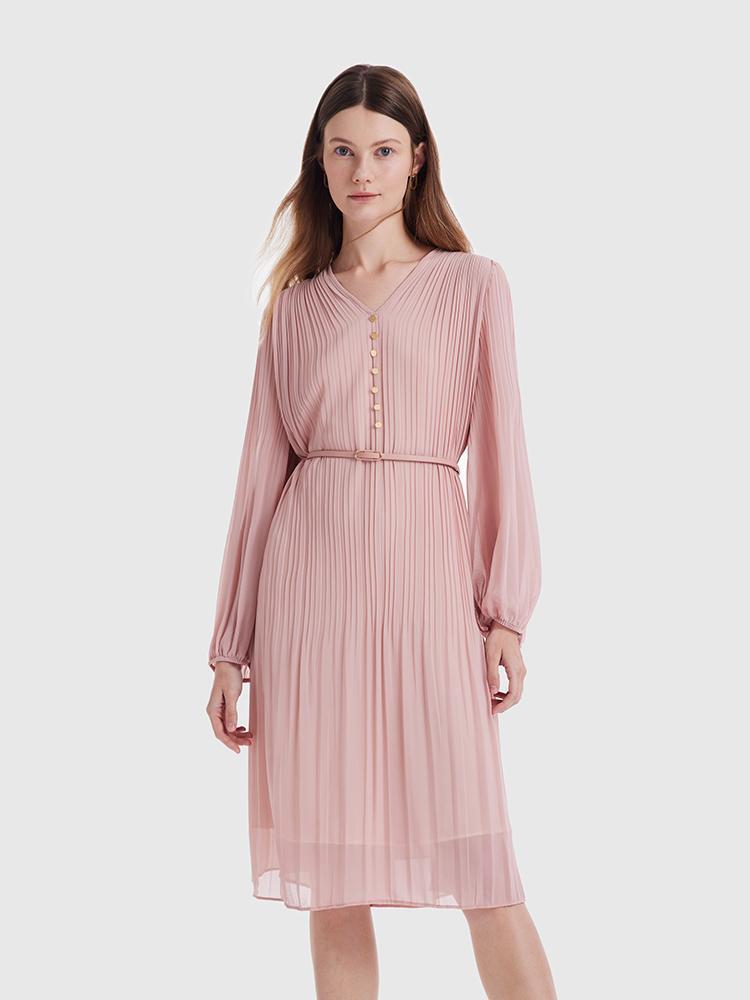 Pink Ruched Midi Dress With Belt GOELIA