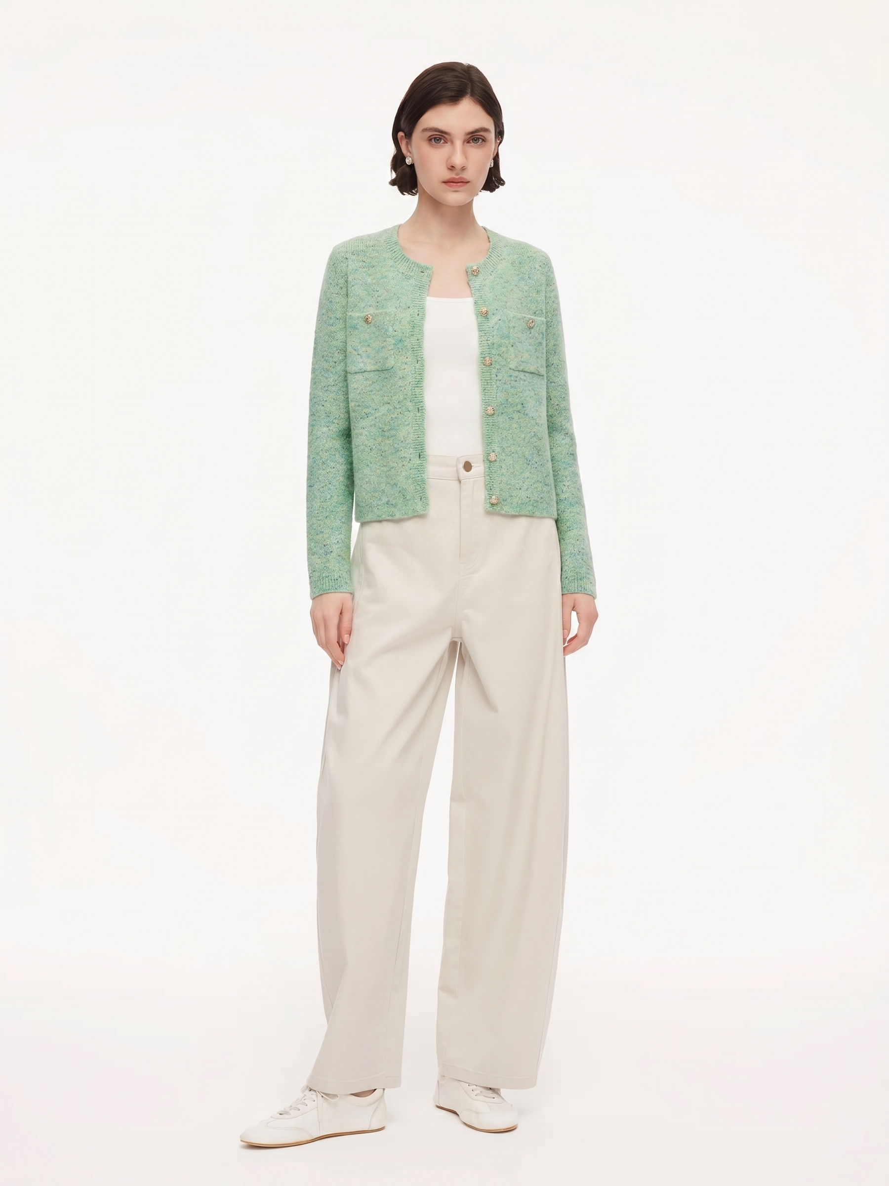 Melange Green Single Breasted Women Cardigan GOELIA