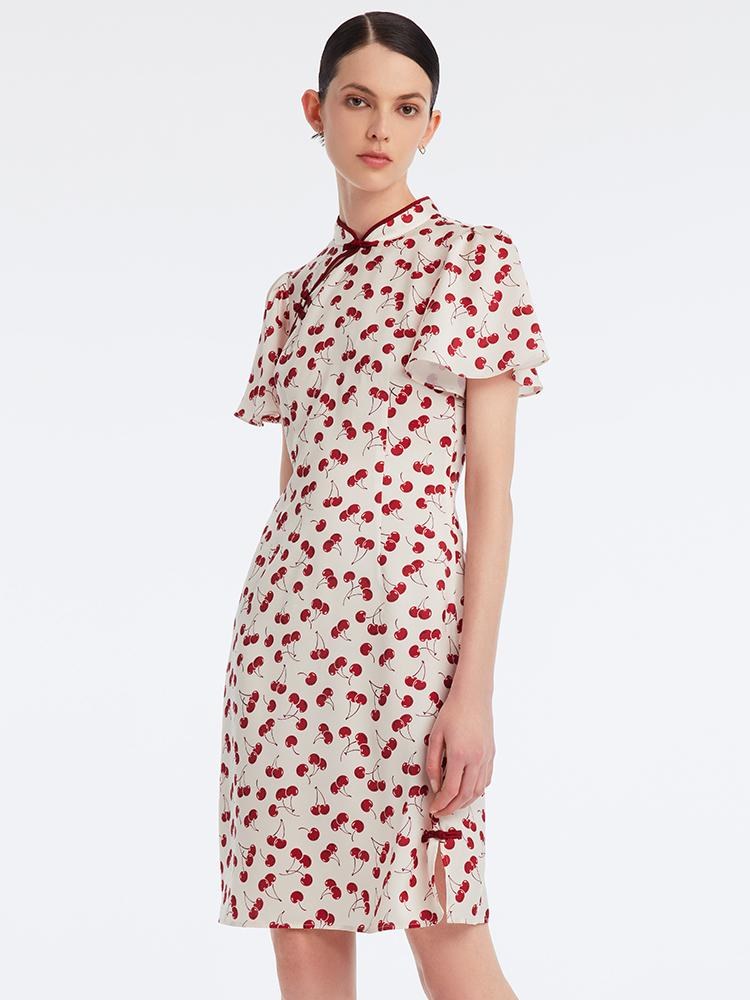 Mandarin Collar Cherry Print Cheongsam Qipao Midi Dress GOELIA