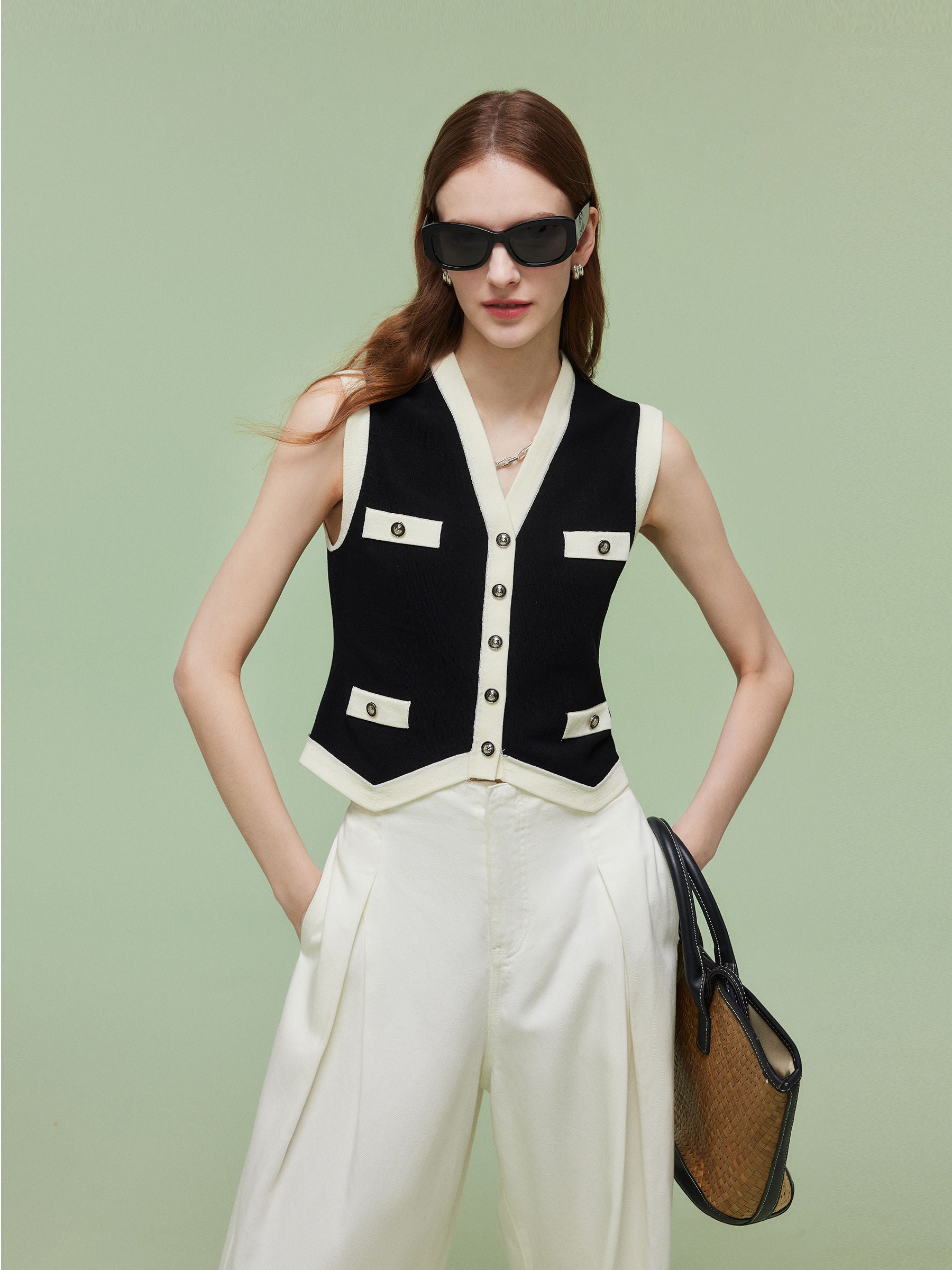 Tencel Blend Contrast Trim Women Knit Vest GOELIA