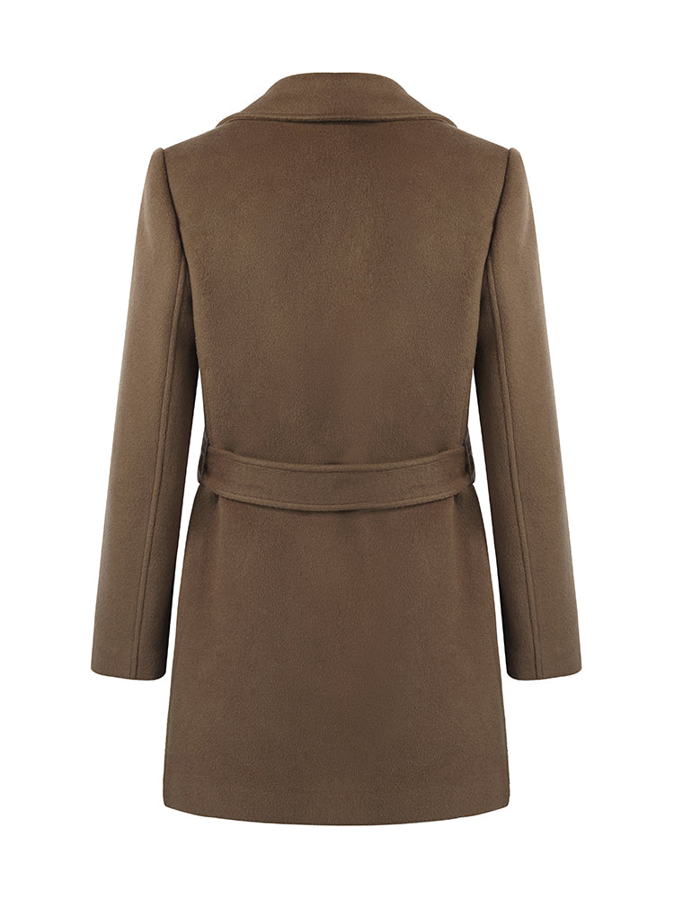 Brown Tencel Wool Notched Lapel Coat With Belt GOELIA