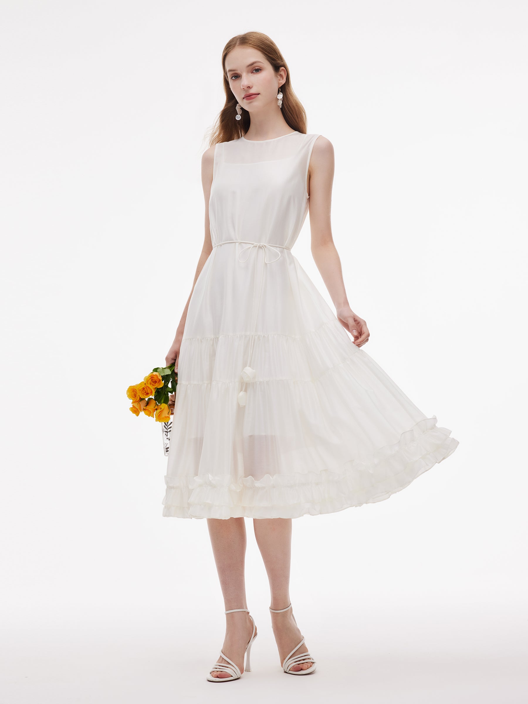 Tencel Blend Ruffle Hem Women Sleeveless Maxi Dress With Slip Dress And Tie String Belt GOELIA