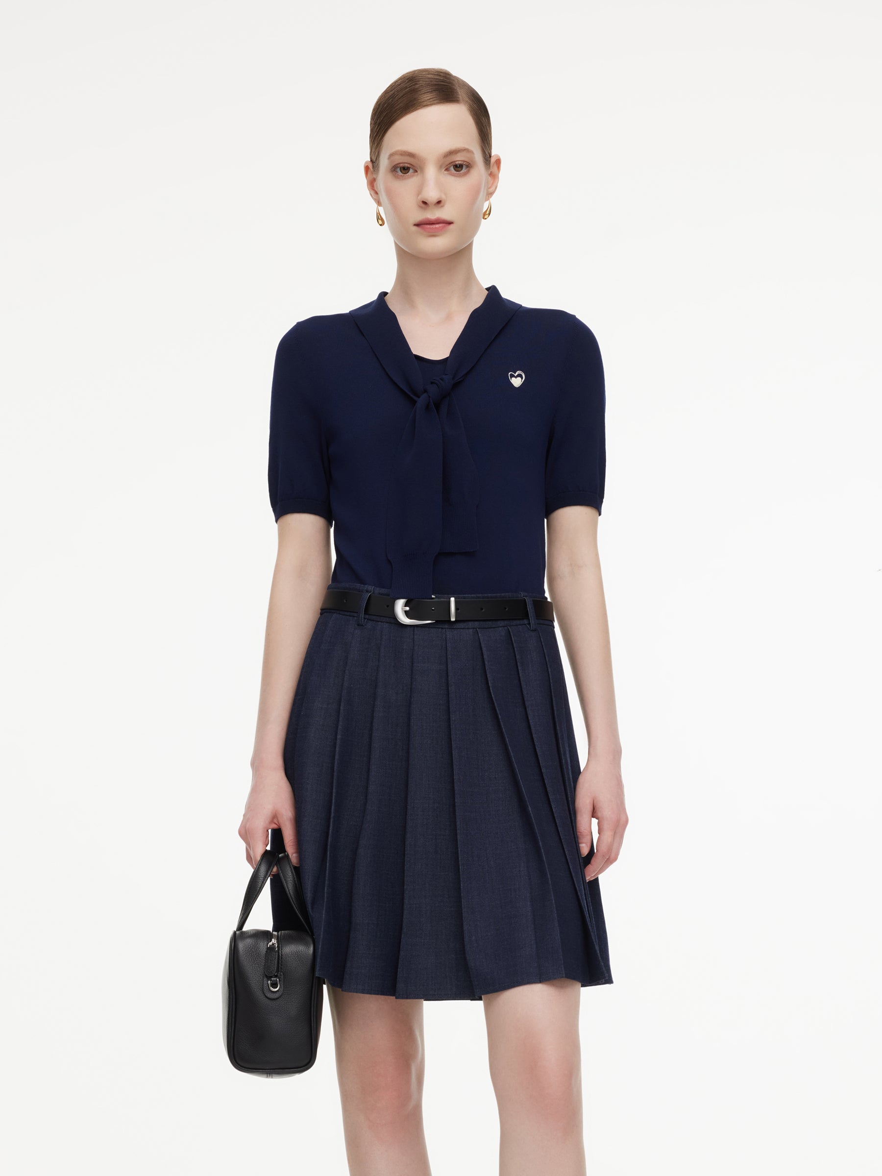 Lyocell Blend Patchwork Women Pleated Denim Look Mini Dress With Belt – GOELIA