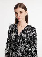 Camellia Printed V-Neck Ruffle Hem Women Midi Wrap Dress GOELIA