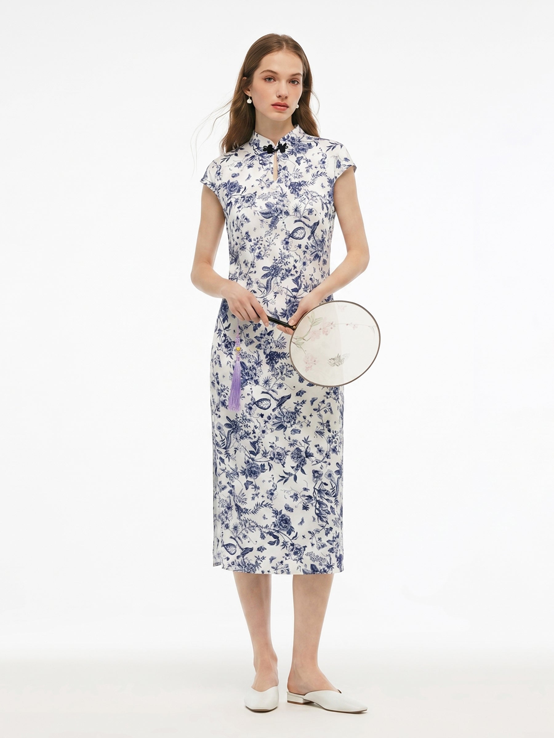 19MM Mulberry Silk Floral Print Women Qipao Maxi Dress GOELIA