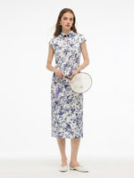 19MM Mulberry Silk Floral Print Women Qipao Maxi Dress GOELIA