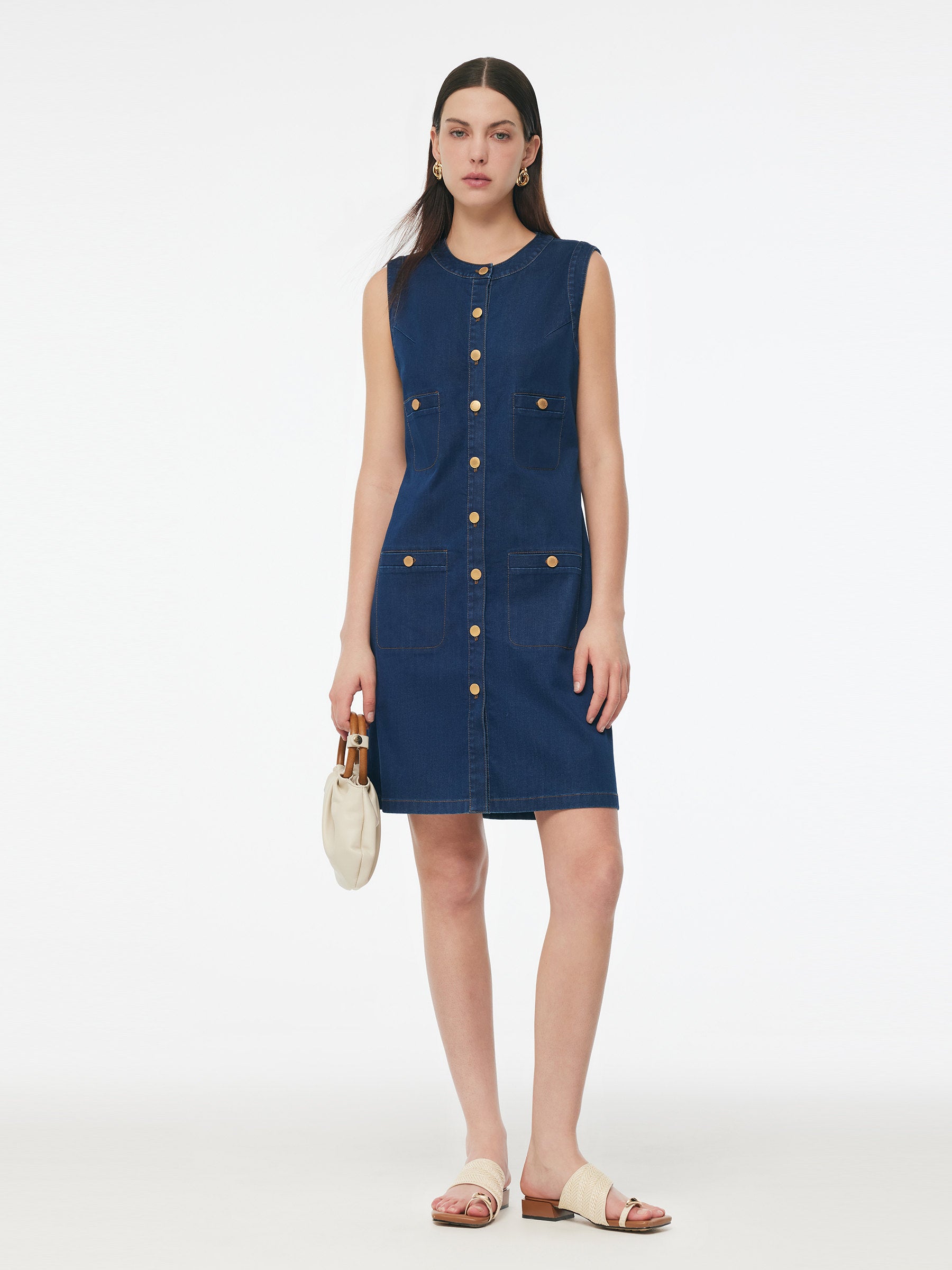 Denim Stretch Front Button Women Mini Dress GOELIA