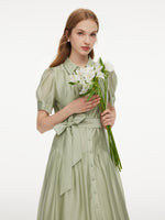Tencel Blend Puff Sleeve Women Belted Maxi Shirt Dress GOELIA