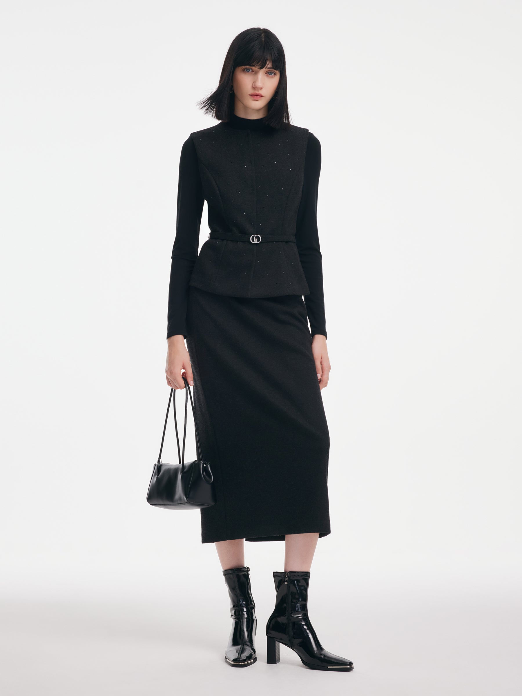 Rhinestone Vest & Knit Top & Skirt Three-Piece Set With Belt GOELIA