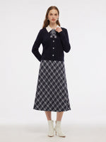 [Preview] Cable Knit Cardigan And Plaid Skirt Two-Piece Set With Detachable Bow GOELIA