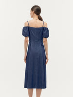 Lyocell Denim Gathered Waist Stretch Women Midi Dress GOELIA