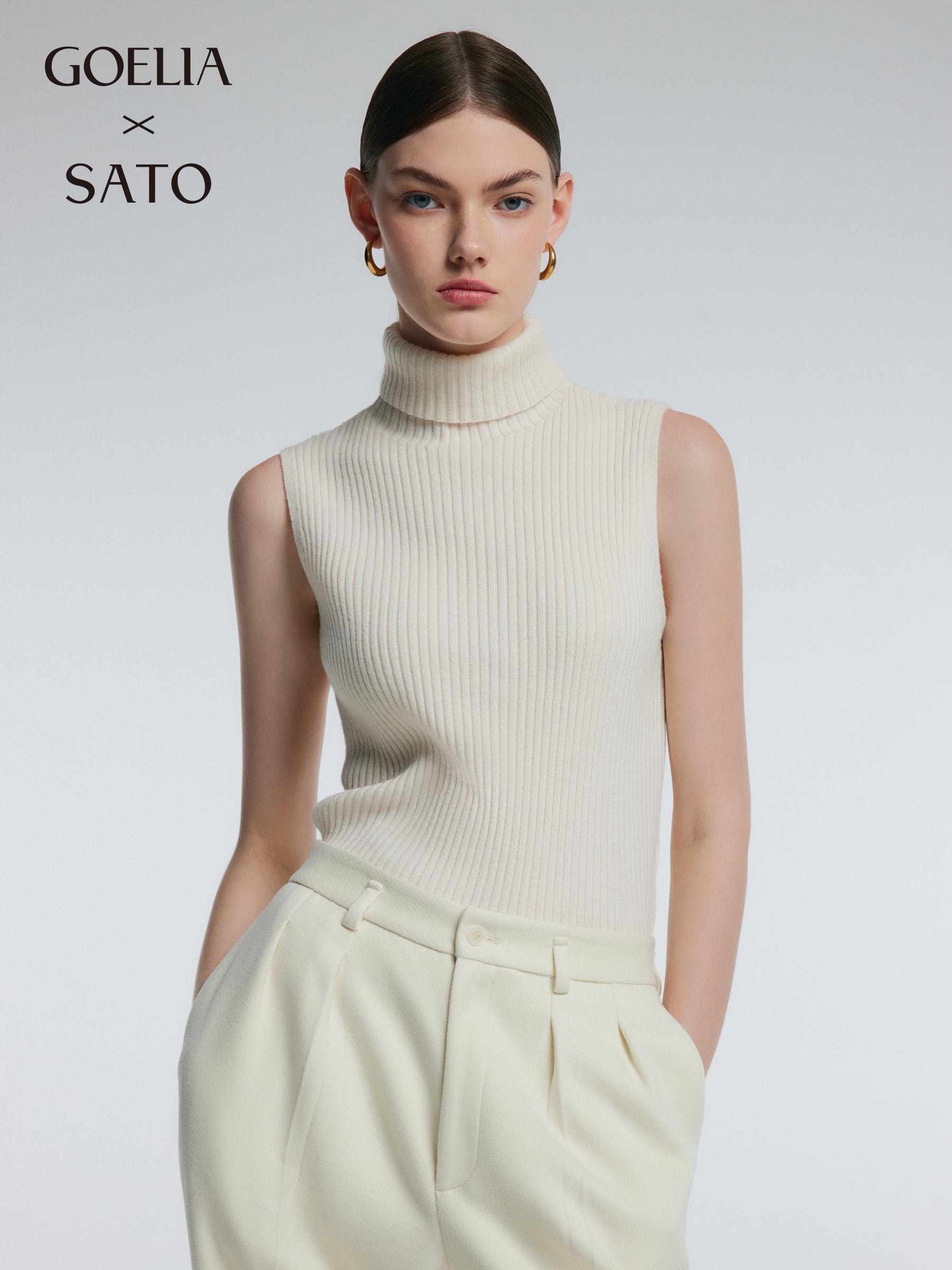 100% Wool Ribbed Women Turtleneck Tank Top GOELIA