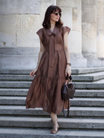 Tencel Blend Women Ruffle Cap Sleeve Maxi Dress With Sash GOELIA