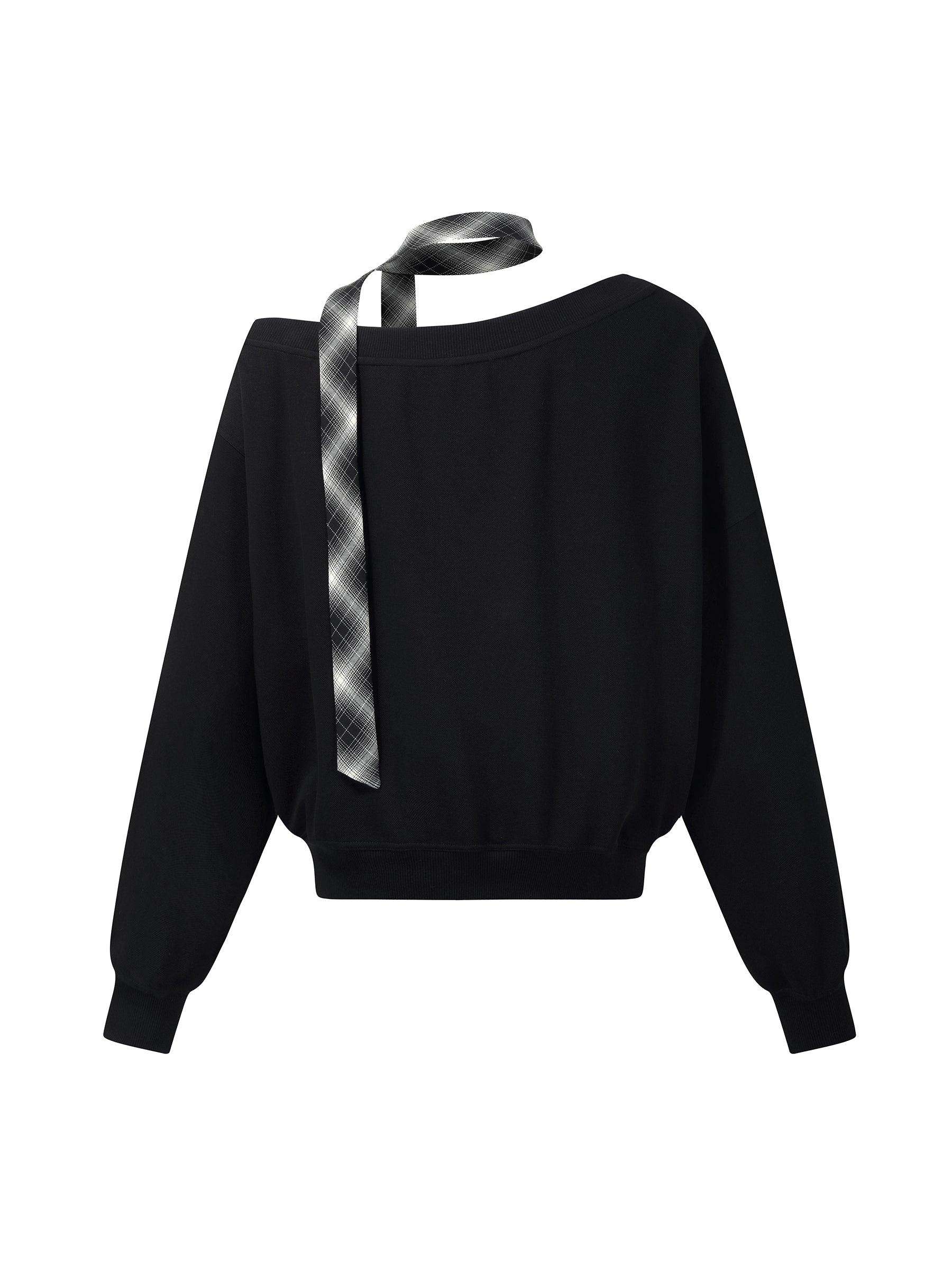 [Preview] Cotton Scuba One-Shoulder Women Sweatshirt With Plaid Ribbon GOELIA