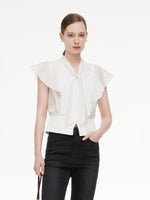 100% Cotton Ruffle Sleeve Women Blouse With Detachable Scarf Buckle GOELIA