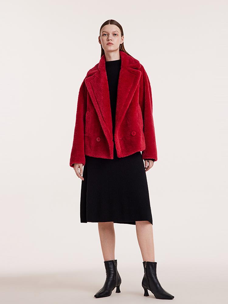 Lapel Double-Breasted Teddy Lamb Wool Short Coat GOELIA