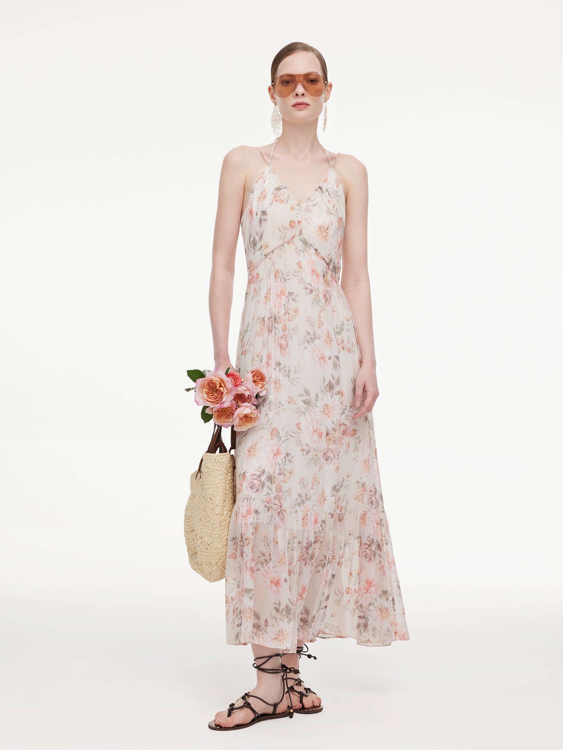 10MM Mulberry Silk Floral Print Women Strap Maxi Dress GOELIA