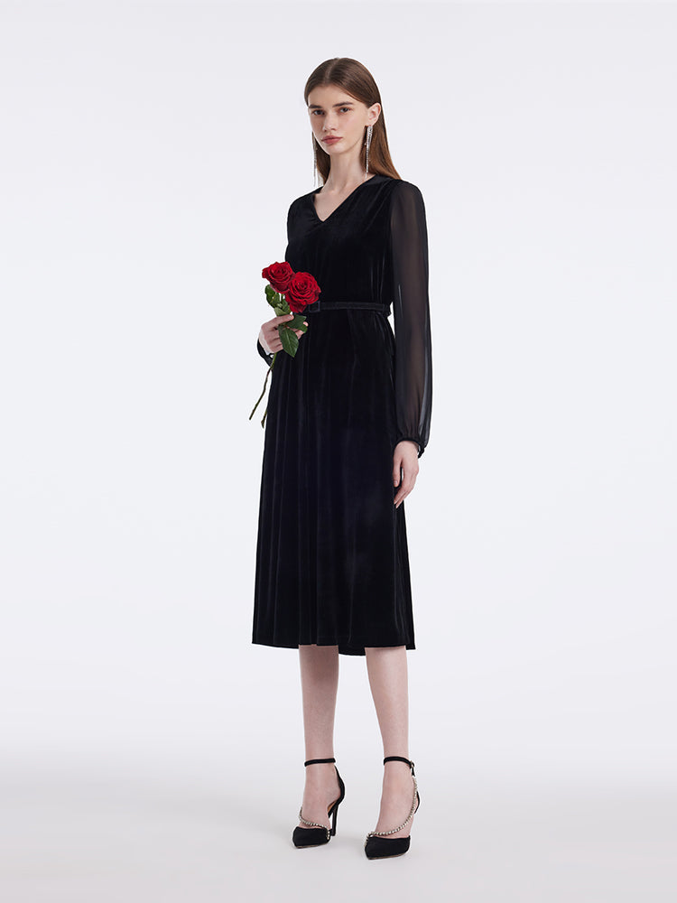 Silk Blend Patchwork V-Neck Women Midi Velvet Dress With Belt GOELIA