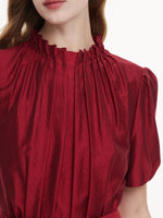 Tencel Blend Ruffle Neck Puff Sleeves Women Belted Maxi Dress GOELIA