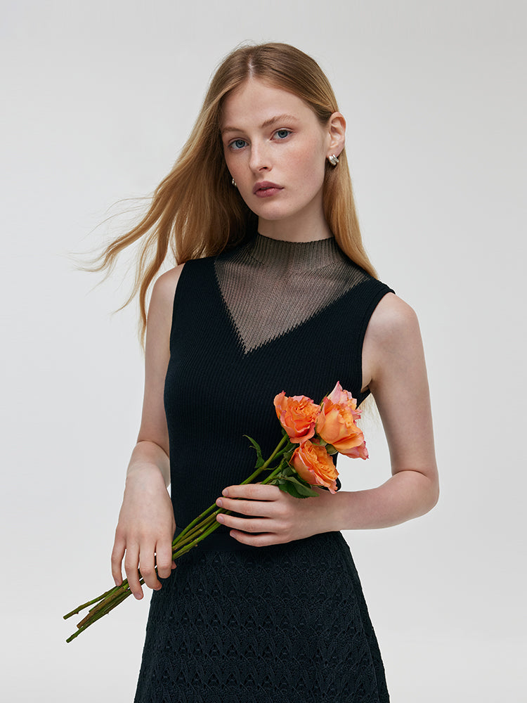 Patchwork Mock Neck Women Knitted Tank Top GOELIA