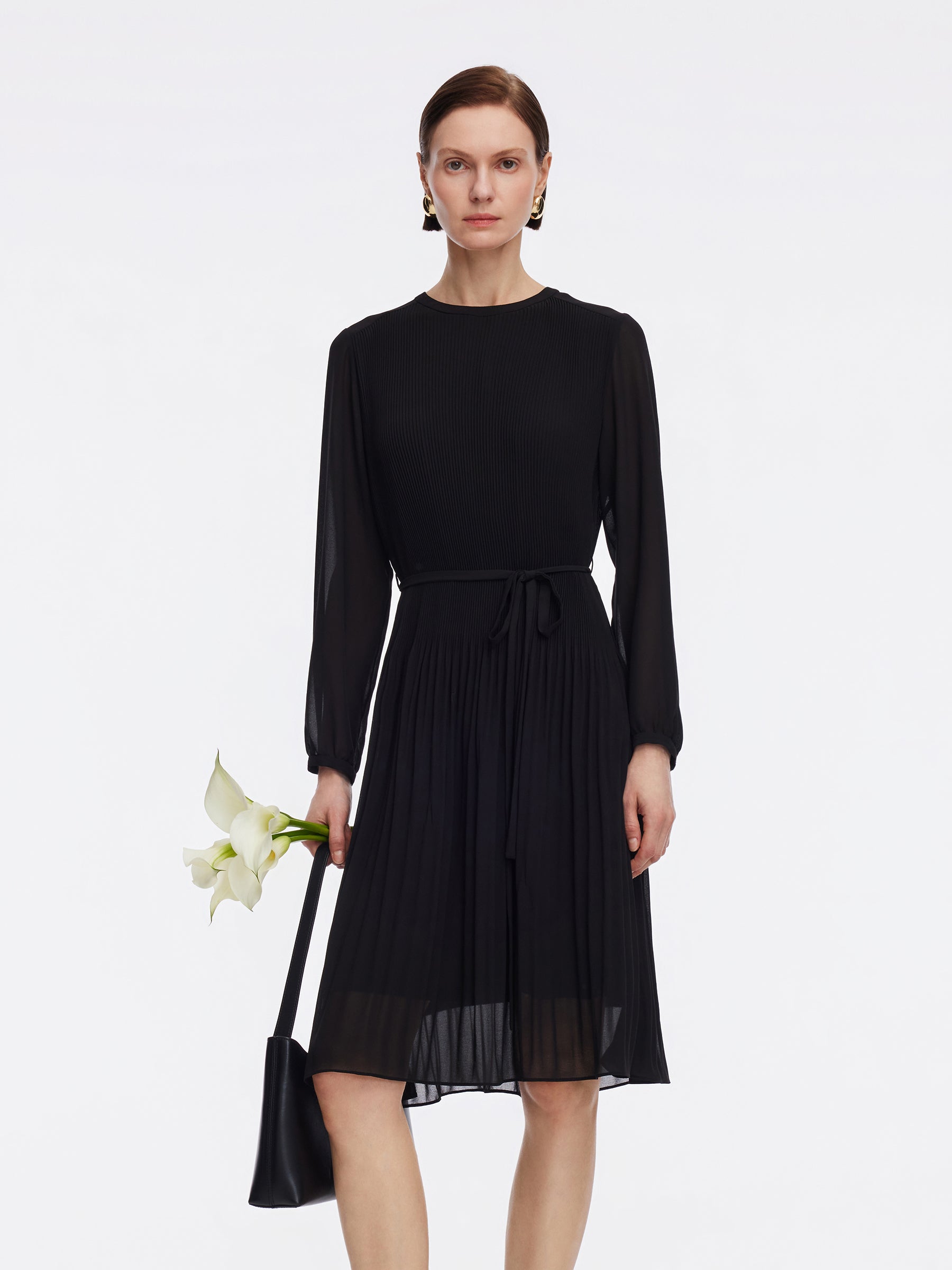 [Preview] A-Line Pleated Self-Tie Belt Women Midi Dress GOELIA