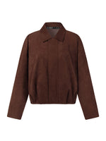 [Preview] Faux Suede Bubble Hem Women Zip-Up Cropped Jacket GOELIA
