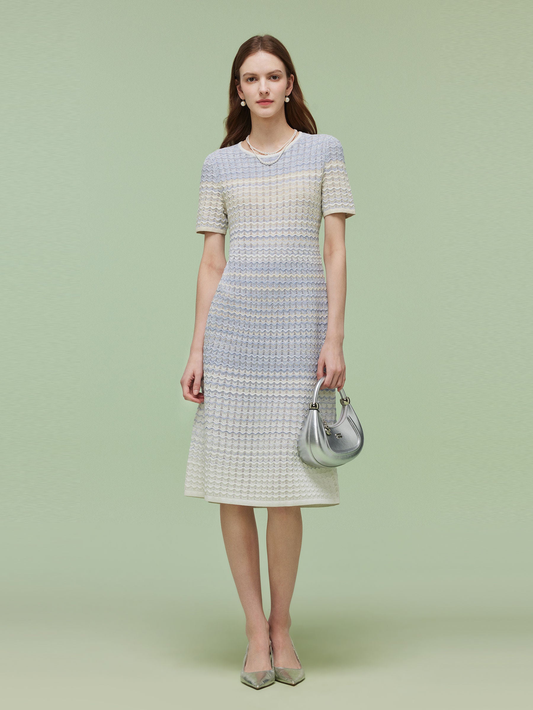 Blue And White Gradient Women Knit Midi Dress GOELIA