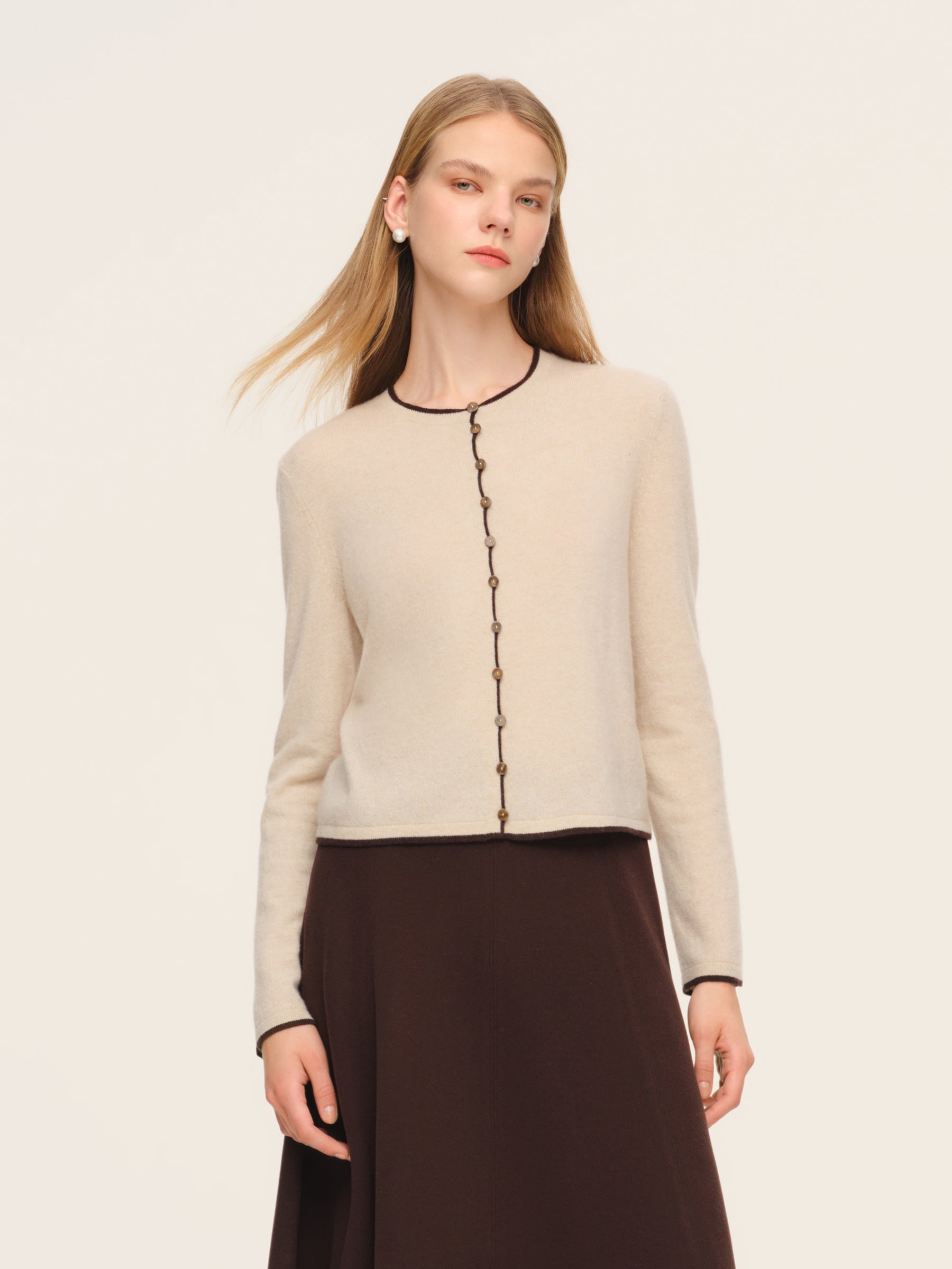 100% Cashmere Contrast Trim Women Cardigan GOELIA