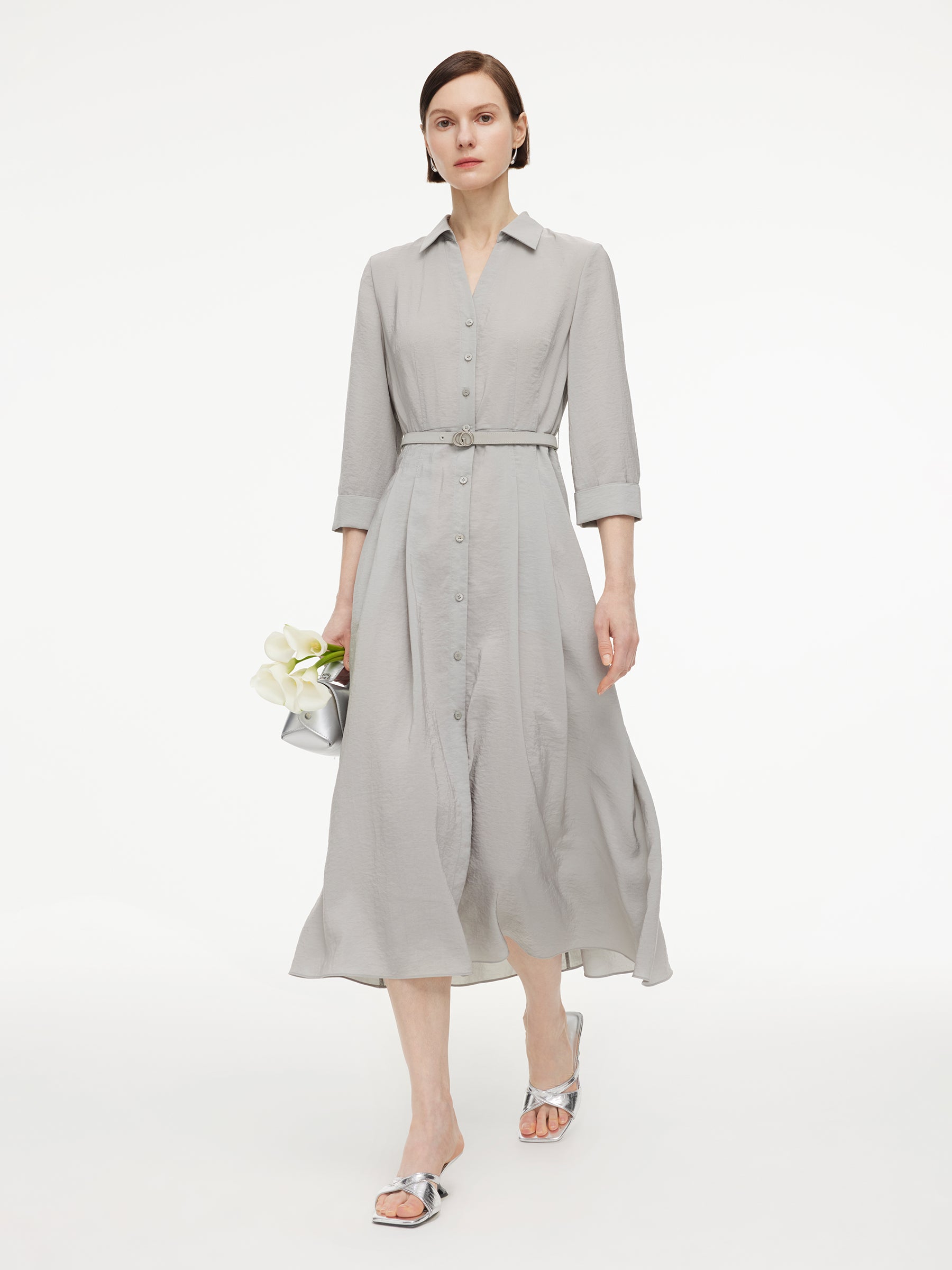 Triacetate Blend Women Belted Maxi Shirt Dress GOELIA