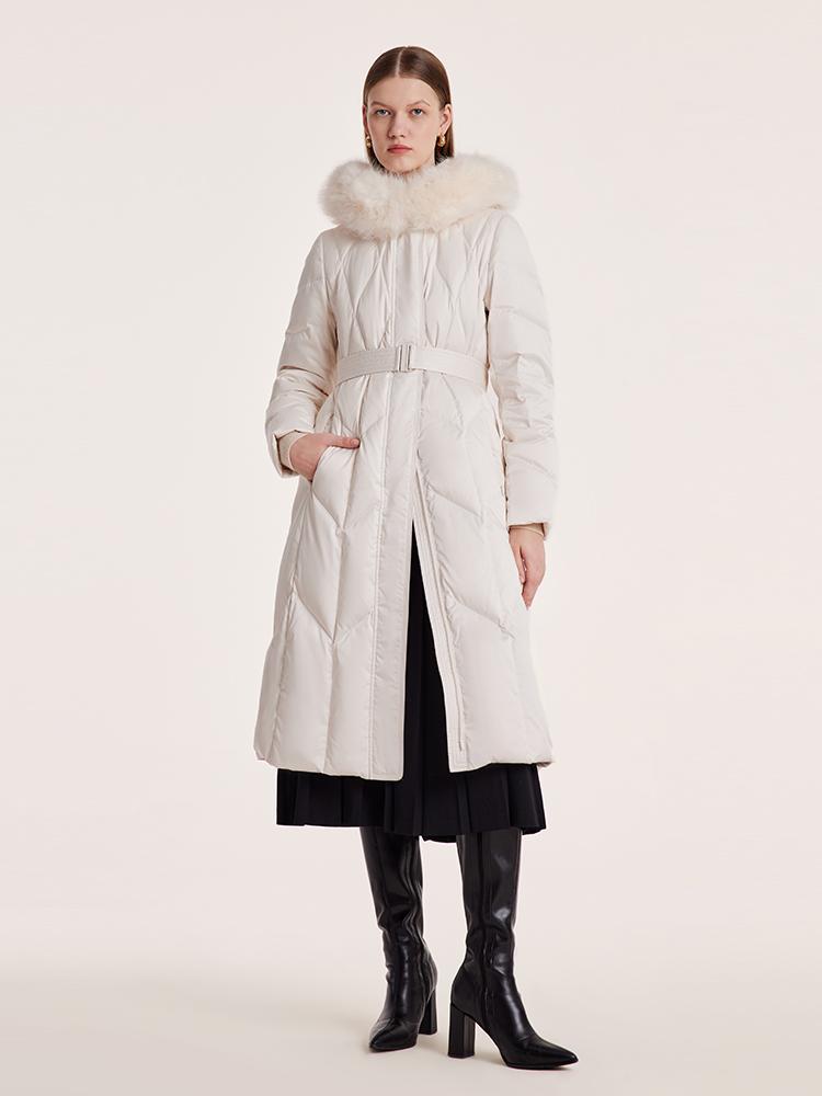 Gathered Waist Long Goose Down Garment With Faux-Fur Collar GOELIA