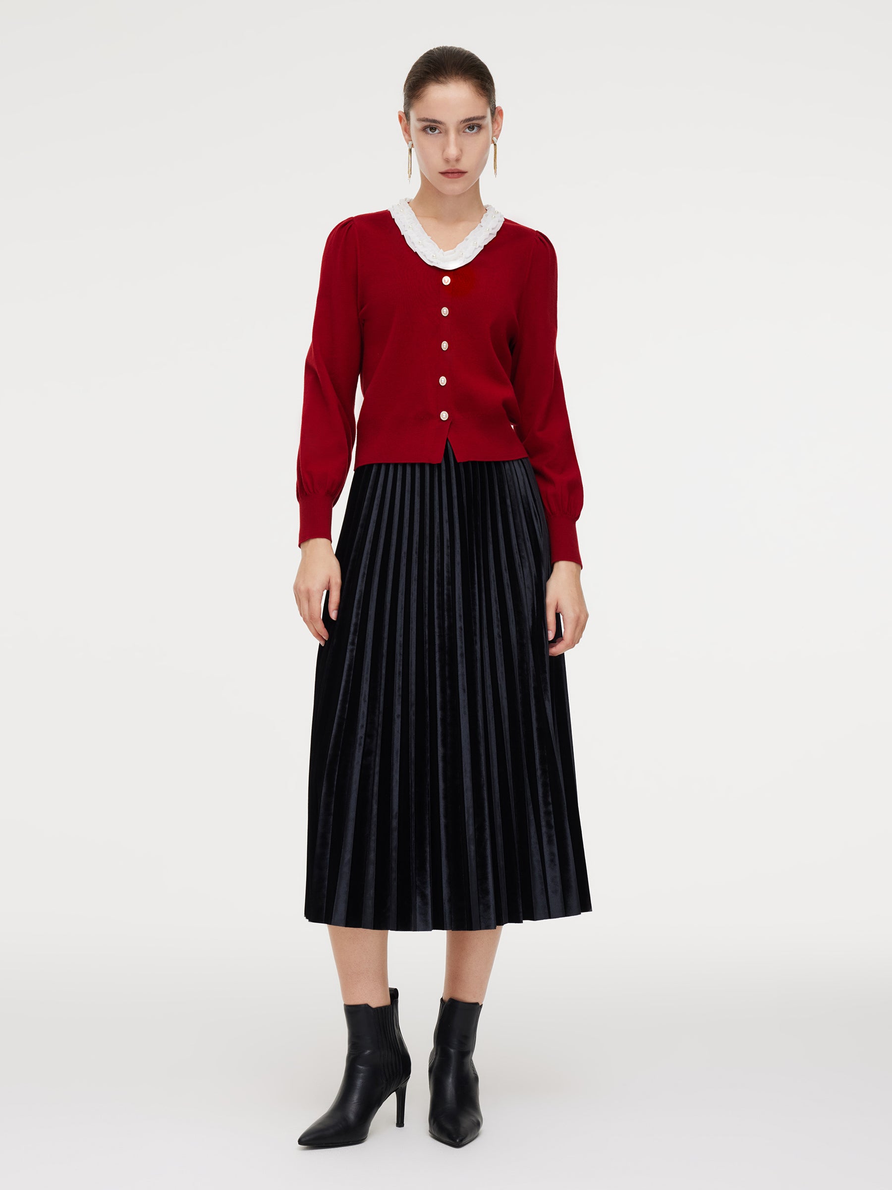 Knit Top And Velvet Pleated Skirt Two-Piece Set With Detachable Ribbon GOELIA