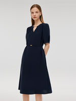 Triacetate Cut-Out Neck Women Midi Dress With Belt GOELIA