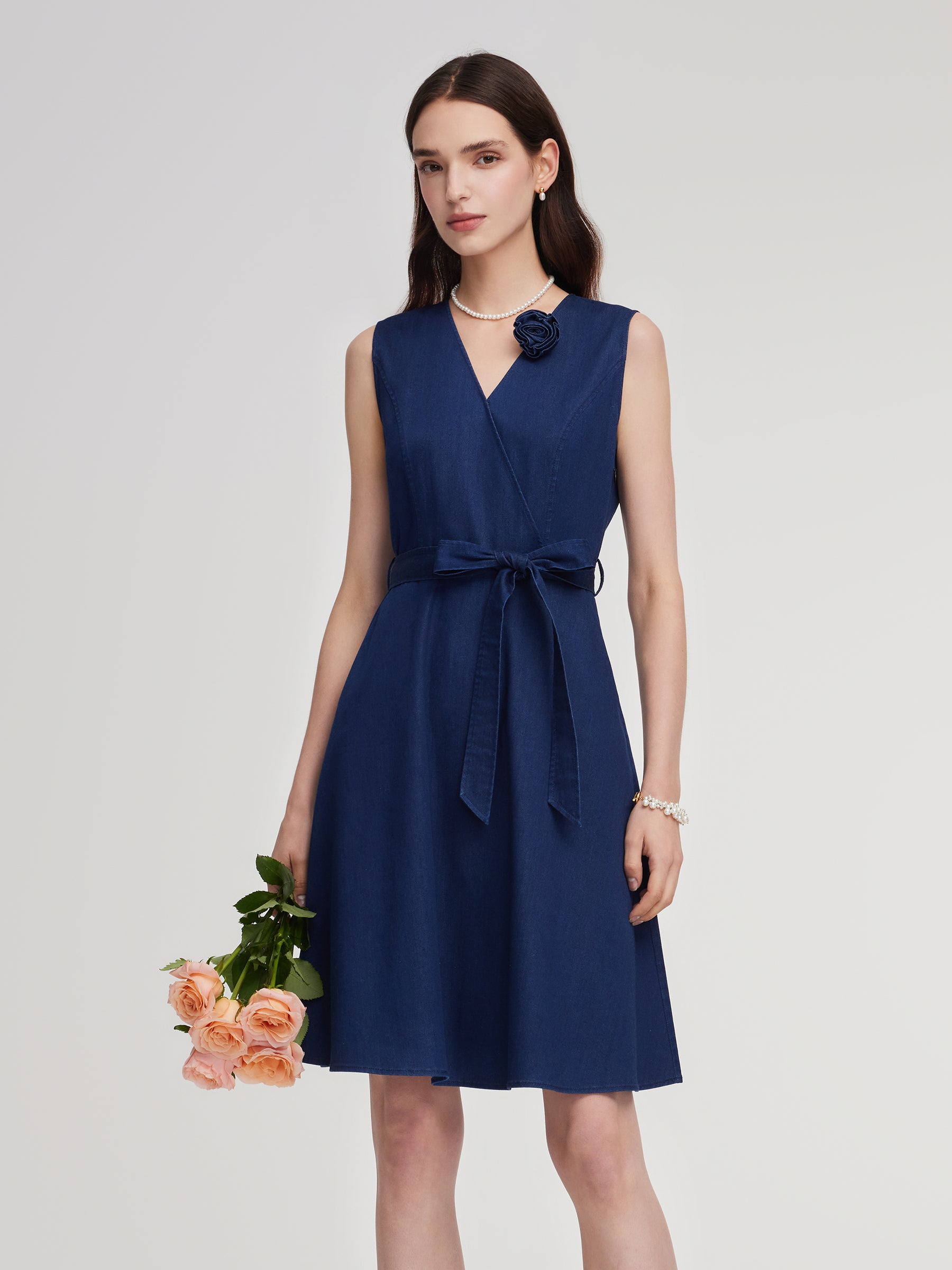 Denim Gathered Waist Sleeveless Women Self-Tie Belt Mini Dress GOELIA