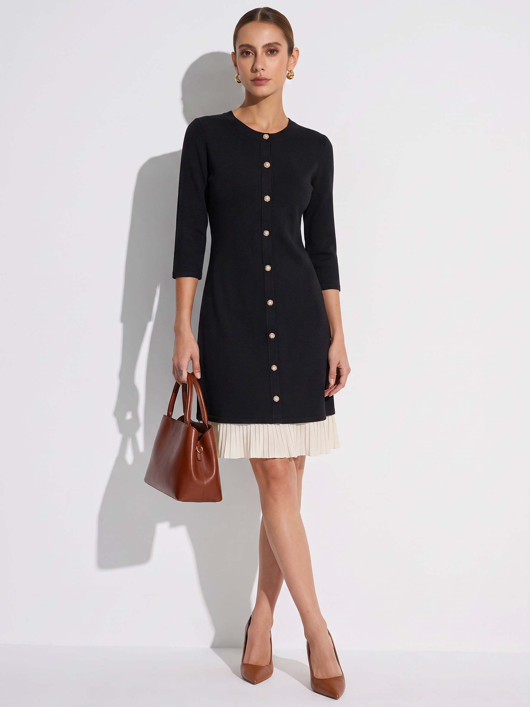 Tencel Blend 3/4 Sleeve Color Block Women Knit Mini Dress GOELIA