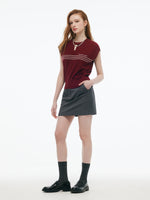 Tencel Blend Stripe Letter Print Women Cap Sleeve Knit Top GOELIA