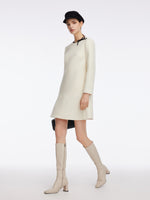 100% Wool Contrast Trim Neck A-Line Women Mini Dress GOELIA