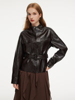 PU Leather Stand Collar Wind-Proof Women Belted Jacket GOELIA